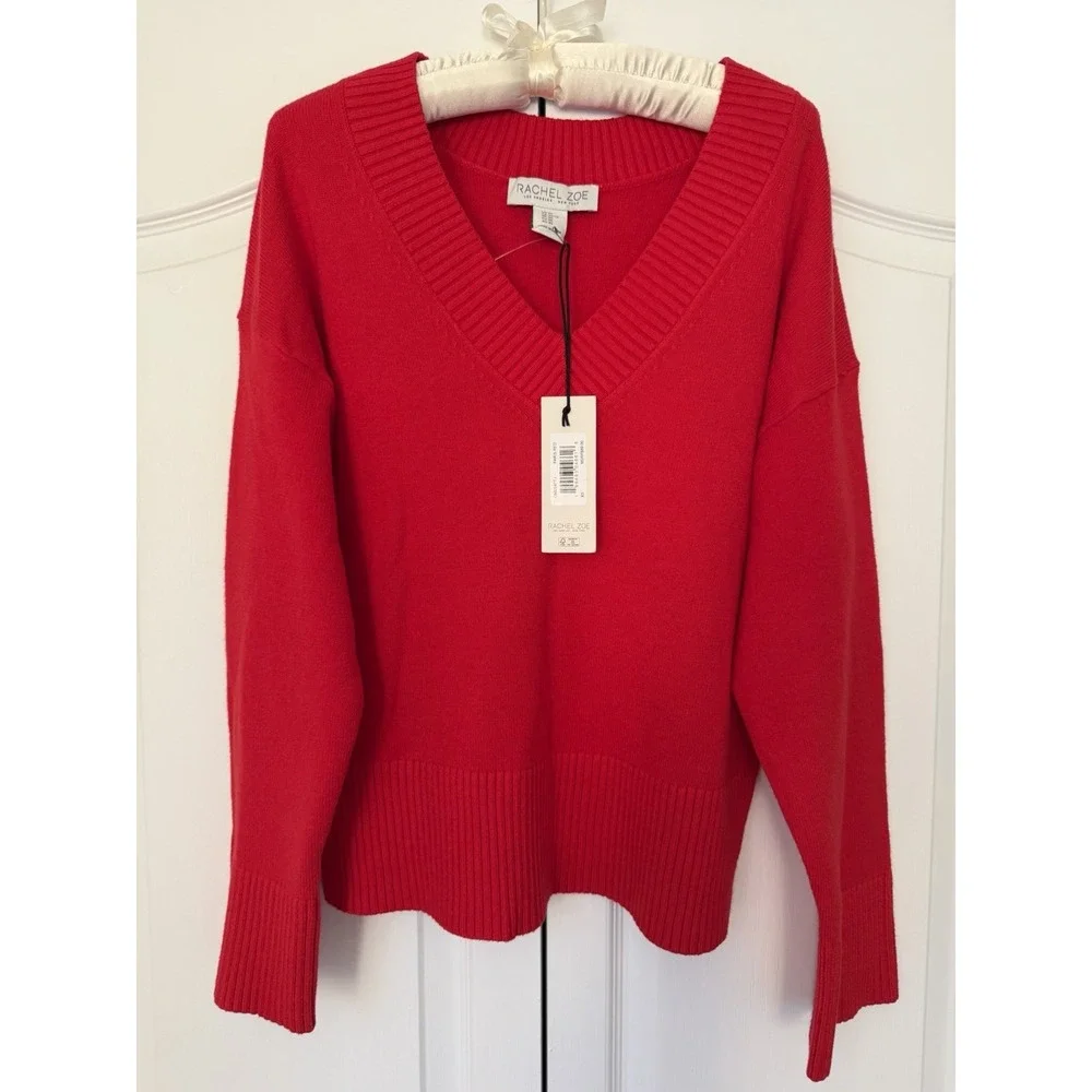 Rachel‎ Zoe V-Neck Sweater XS Red Knit Pullover NWT Soft Chic Classic